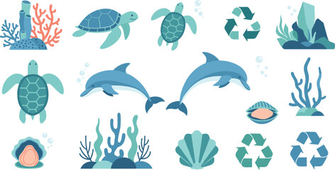 Obraz premium Marine Life and Ocean Conservation Set with Turtles, Dolphins, Coral Reefs, Shells, and Recycling Symbols, Underwater Ecology Vector Illustration Collection