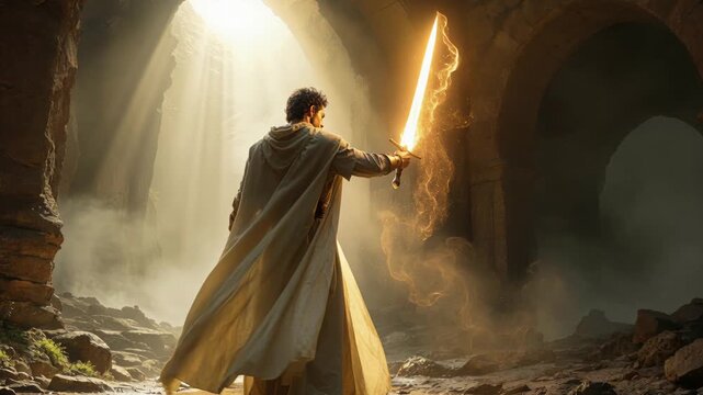 Brave champion standing in ancient tombholding bright luminous weapon