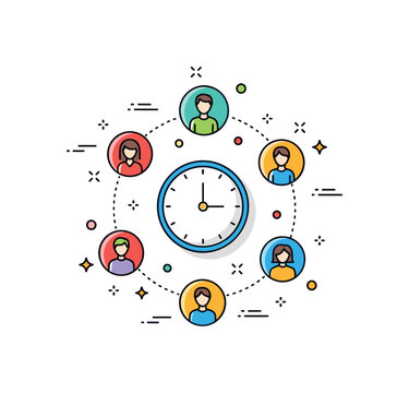 Cross timezone meeting illustrated by a clock and connected profile icons arranged in a circular flow representing coordination across different regions. Small