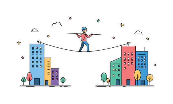 Urban tightrope walker silhouette crossing a rope between simplified building shapes, symbolizing ambition and overcoming challenges in modern life. Minimalist