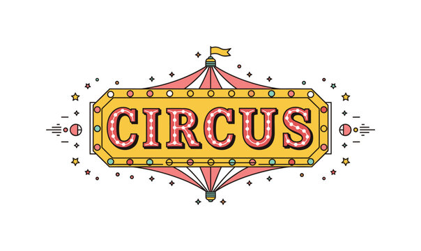 Vintage circus sign retro style banner with bold lettering framed by symmetrical light bulbs and tiny star shapes, conveying nostalgic showtime