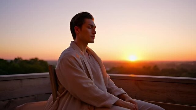 Person seated contemplating sunset silhouette warm light and copy space