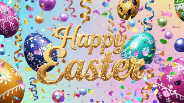 happy easter text over egg icons and colorful shapes