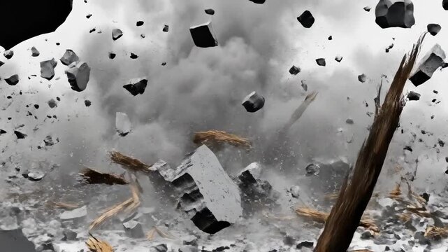 Dramatic blow: concrete debris and splintered wood exploding against white backdrop, showcasing raw power and destruction