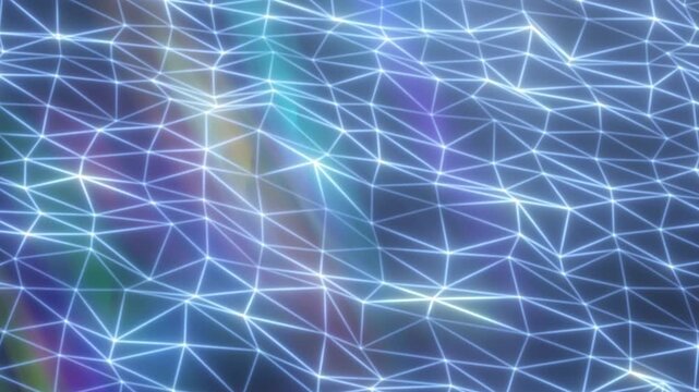 Glowing blue polygon wireframe mesh with connected triangles, futuristic digital network grid background
