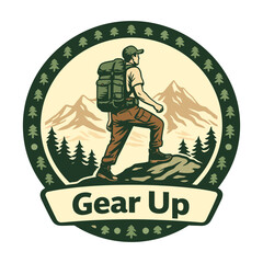 Fototapeta premium Illustration of a hiker with backpack standing on a mountain peak ready for adventure and exploration journey