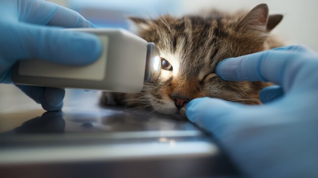 A veterinary ophthalmologist performing slit lamp eye examination on a sedated cat during clinical eye assessment procedure.