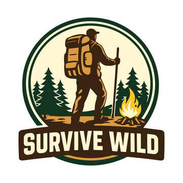 Illustration of a hiker with backpack and trekking pole standing near campfire in forest scene logo design