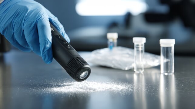 A customs officer scanning white crystalline powder residue on a stainless steel inspection table using a handheld FTIR spectrometer.