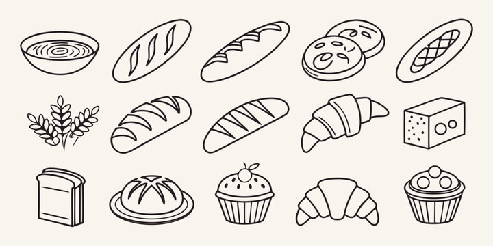Black line baked goods and collection bread pastries muffins cheese