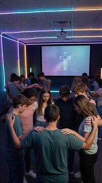 Group of young men and women praying in a modern church environment. Youth prayer meeting for worship and spiritual growth within a religious community.