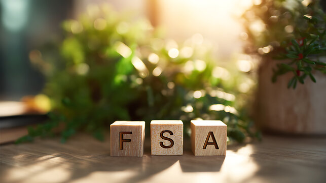 Wooden letter blocks spell out a three-letter acronym on a blurred background of green foliage and warm sunlight, evoking a clear, bright message