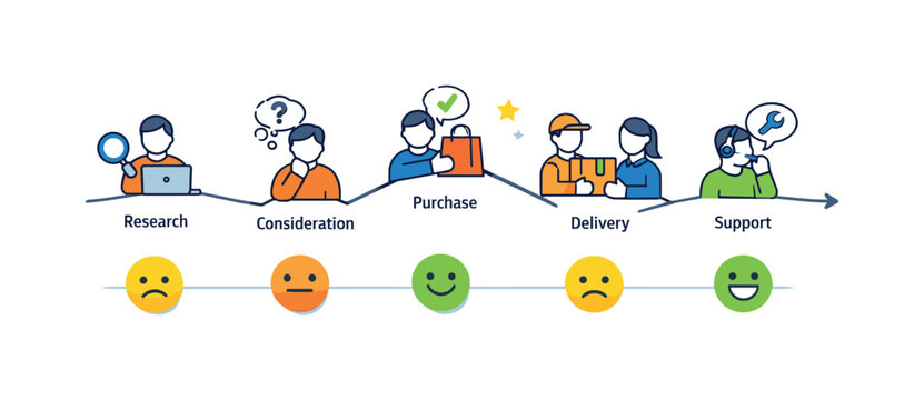 User experience journey maps focused on understanding customer emotions, a clean flow of connected steps with simple user icons and emotion markers that