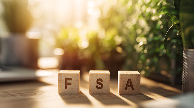 Wooden blocks on a rustic wooden table spell out 'FSA' in a bright, sunlit room with blurred green foliage in the background, symbolizing financial concepts