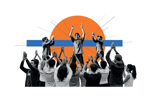 Black and white crowd of street dancers clapping and cheering around a central performer, bright orange circular halo unifying the scene and blue horizontal