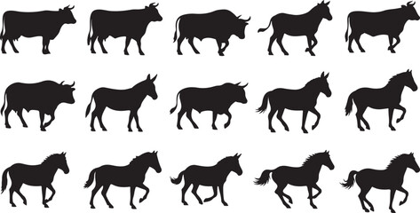 Fototapeta premium Silhouette of various horse poses in motion