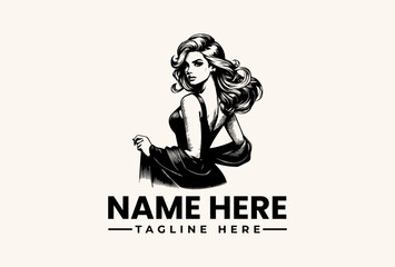Fototapeta premium A black and white vector illustration of a woman in a dress with a placeholder name and tagline on a clean background.