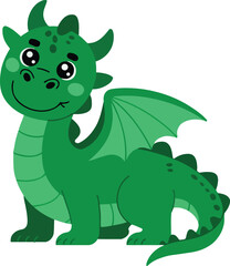 Obraz premium Cute green cartoon dragon with large eyes and a smiling expression