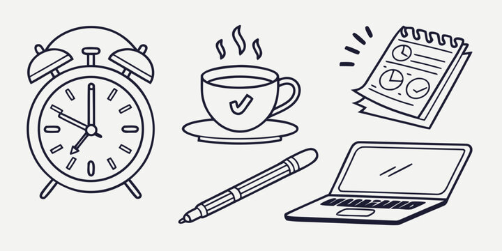 Daily routine including alarm clock, coffee cup, calendar, laptop, and pen