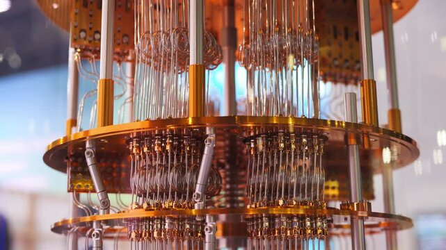 Futuristic quantum PC computer close up, concept qubits and quantum circuits. Powerful supercomputing technology data processing, innovation, deep tech and the future of supercomputer, close up of pc.