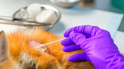 Fototapeta premium A zoo veterinarian applying antiseptic ointment to skin wound on sedated wild fox using cotton applicator.