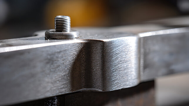 Close-up view of a metal machine part with a threaded stud, showcasing industrial craftsmanship and precision engineering details in a workshop environment