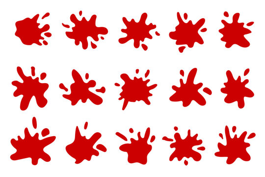 Cartoon style red splat shapes with playful liquid drops. Bright paint or juice splashes for kids design, comic effects and fun illustrations