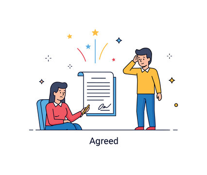 Successful salary agreement moment with a signed contract and subtle celebratory sparkles expressing relief, achievement, and new professional chapter. A short