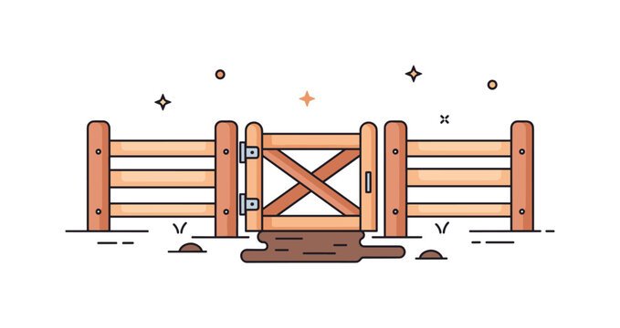 Countryside pig enclosure gate showing a compact fence section with a hinged wooden door and small mud patch below, expressing everyday farm environment. Clean