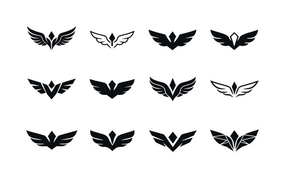 Flying high. Icon set. Set Logo of Flying high: wings emblem. harmonious logo variations of the same emblematic concept, each with different artistic