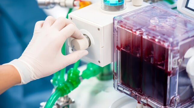 A perfusionist adjusting oxygen blender controls on a membrane oxygenator unit during cardiopulmonary bypass.