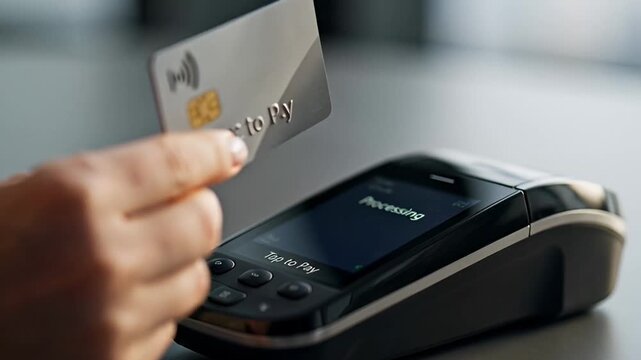 Person using payment card on a point of sale terminal for financial transaction