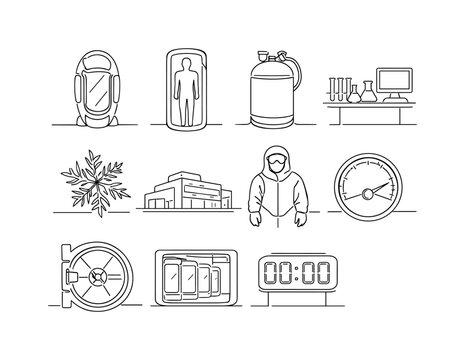 Human Cryonics Preservation. Minimalistic set one-line drawing [cryogenic capsule pod, human silhouette inside chamber, liquid nitrogen tank, scientific