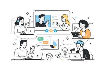 Fototapeta premium Virtual collaboration tools. A remote team working together through shared screens and chat windows, with calm gestures and connected devices. A friendly