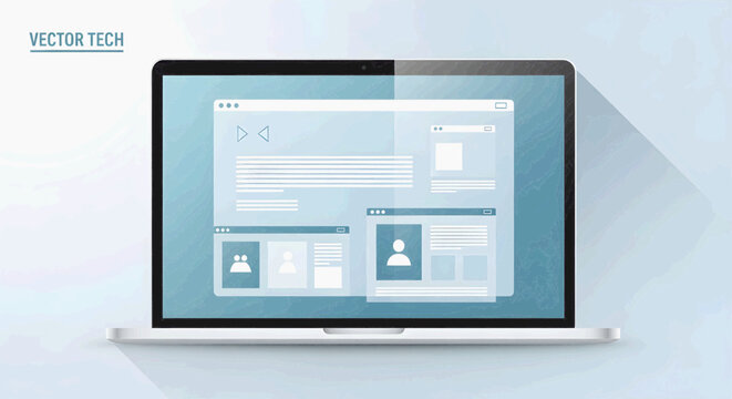 Flat design style illustration of a laptop computer with an on-screen web application layout, symbolizing digital connectivity, software development, and modern technology
