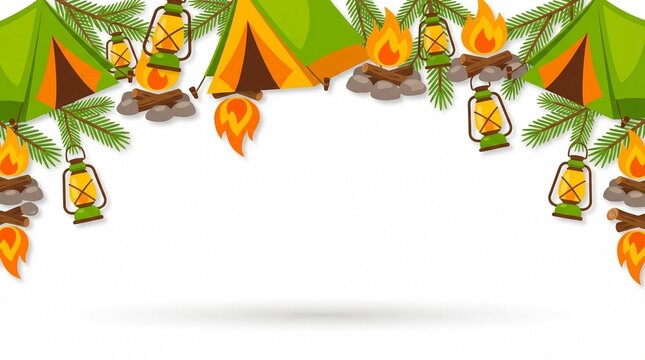 Camping border with tents, lanterns and campfires vector illustration