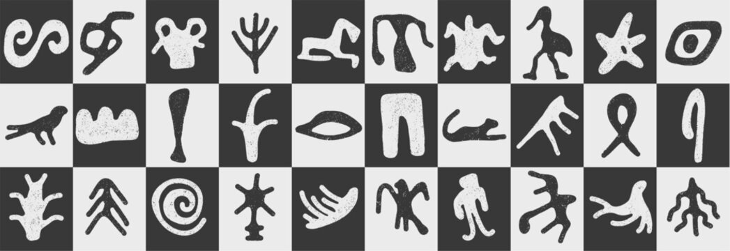 Abstract petroglyphs and prehistoric animal doodle sketch charcoal style. Primitive cave painting elements for ethnic postcard prints. Tribal vector illustrations for nomadic scrapbook sticker set.