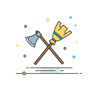 Oprichnina era symbol with a simplified medieval axe and broom crossed in a compact composition, referencing authority and sweeping power during a turbulent