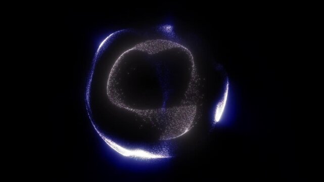 Dark futuristic particle orb with glowing ring and rotating tri-blade symbol