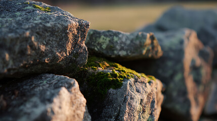 Fototapeta premium Rustic Stone Wall with Green Moss at Golden Hour, Textured Surface Detail with Warm Light, Natural Outdoors Background Element Composition