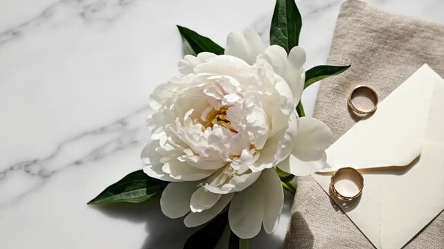A beautiful wedding planning setup with a white peony, invitation card, and rings on a marble surface in a video showcasing wedding preparations.