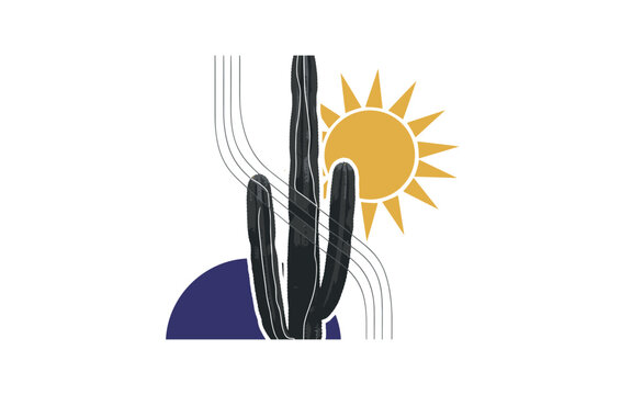 Black and white tall columnar cactus cropped dramatically, oversized mustard geometric sun shape offset to side, deep indigo semicircle grounding bottom