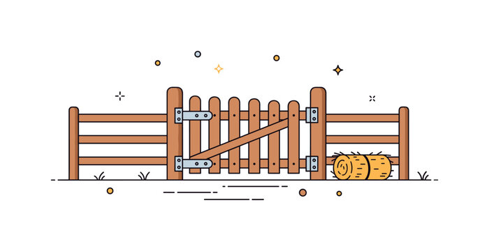 Agricultural livestock pen concept centered on a closed wooden gate with vertical slats and subtle metal hinge accents, representing containment and farm