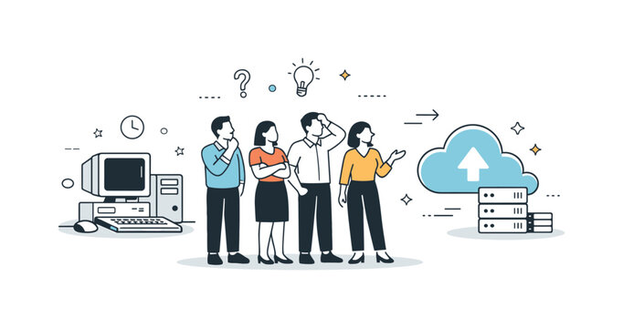 Migration anxiety. A team standing between an old computer and a modern cloud icon, pausing before the transition. Uncertainty, decision-making, and cautious