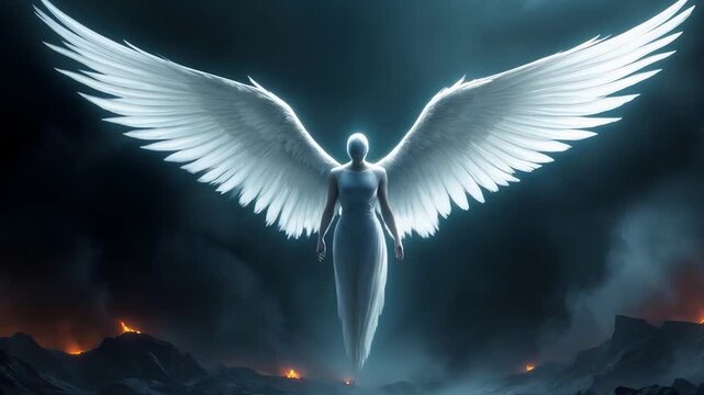 Radiant celestial sentinel hovering amid smoldering remains with calm grace