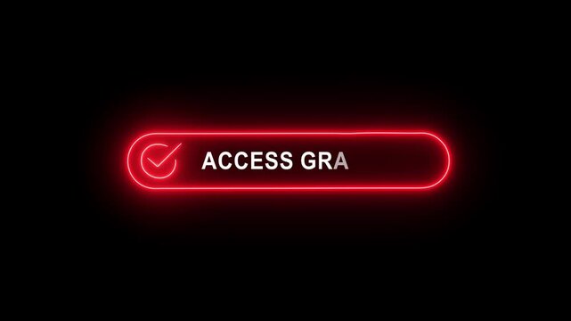 Neon access granted button on black background, representing a digital interface for granting permission or access. access granted concept. Digital system security alert on computer concept 4k video.