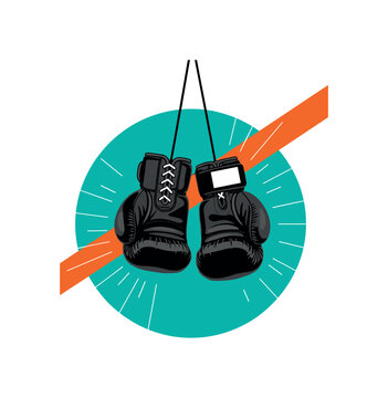 Black and white minimalist boxing gloves made of leather suspended mid-air, bright teal circular backdrop isolating the pair, sharp orange rectangular accent