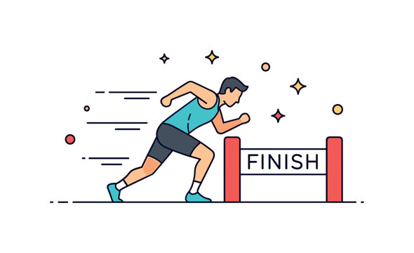 Final stretch sprint moment featuring a determined athlete leaning forward toward a bold finish line icon representing resilience and mental toughness. Small