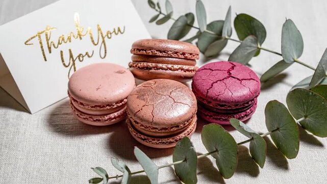 A video showcasing a beautifully arranged thank you card with delicious macarons and eucalyptus leaves on a clean white surface