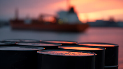 Obraz premium Industrial Barrels at Sunset with Blurred Ship in Background, Capturing the Essence of Global Trade and Energy Resources